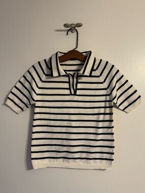Women’s Knit White and Black Striped Polo Top